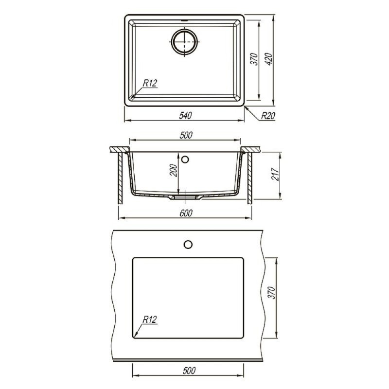 Кухонная мойка Lemark Sinara 540-U 9910073, 54 см, искусственный камень, цвет антрацит