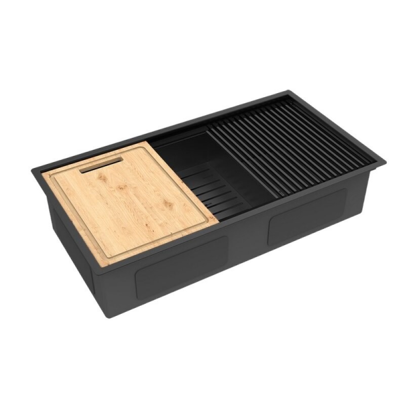 Кухонная мойка Lemark Tabaga 820 9932136, 82 см, нержавеющая сталь, PVD-nano покрытие, ролл-мат, коландер, разделочная доска, черный матовый