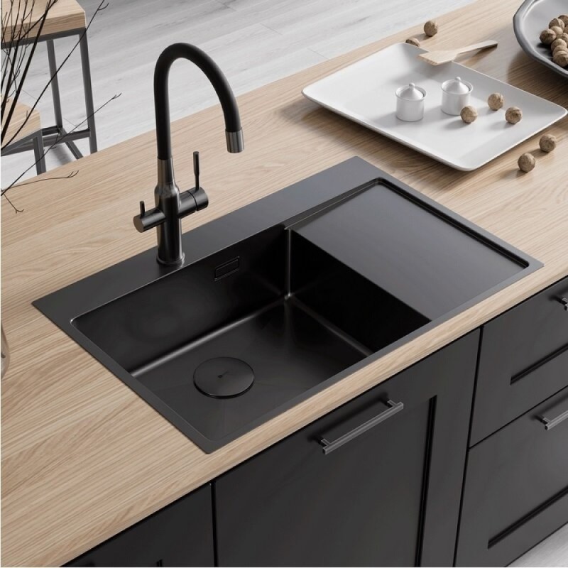 Кухонная мойка Lemark Kezadra 780L/P 9932152/9932156, 78 см, левая/правая, нержавеющая сталь, PVD-nano покрытие, черный матовый