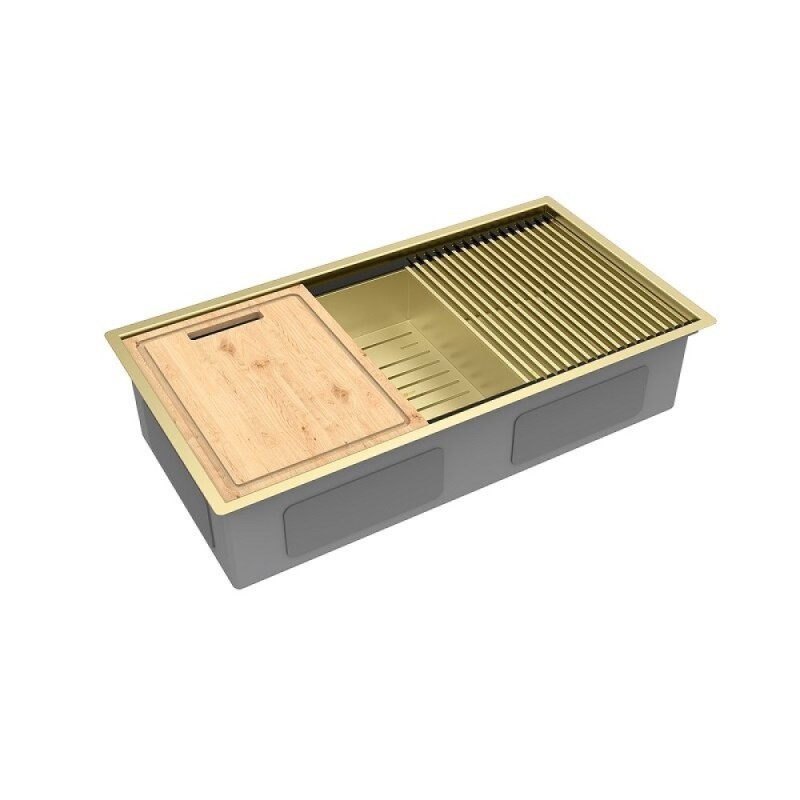 Кухонная мойка Lemark Tabaga 820 9938134, 82 см, нержавеющая сталь, PVD-nano покрытие, ролл-мат, коландер, разделочная доска, золото светлое