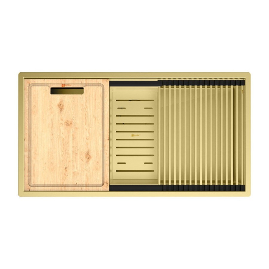 Кухонная мойка Lemark Tabaga 820 9938134, 82 см, нержавеющая сталь, PVD-nano покрытие, ролл-мат, коландер, разделочная доска, золото светлое