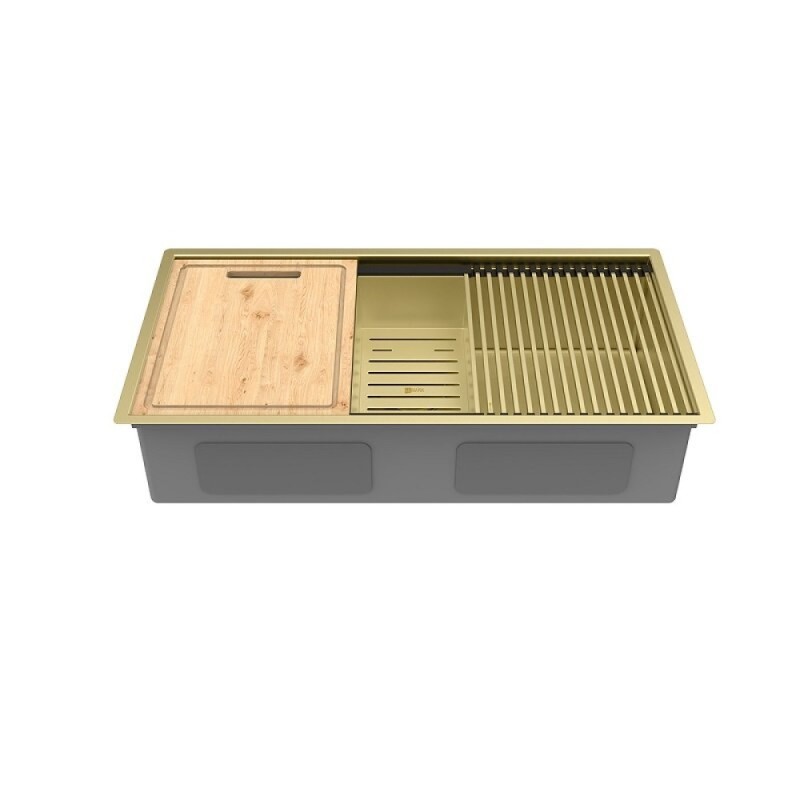 Кухонная мойка Lemark Tabaga 820 9938134, 82 см, нержавеющая сталь, PVD-nano покрытие, ролл-мат, коландер, разделочная доска, золото светлое