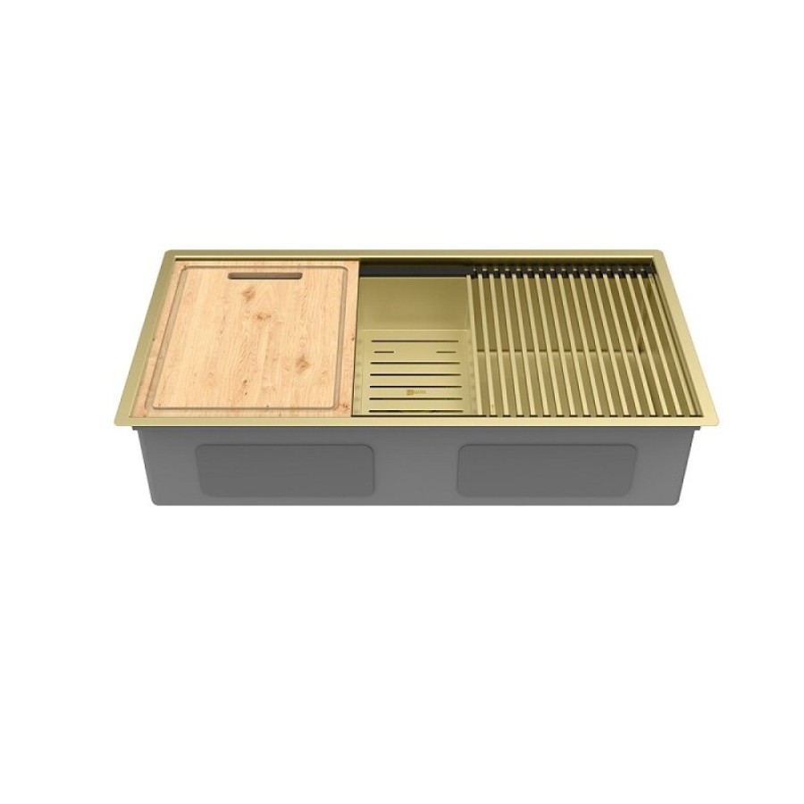 Кухонная мойка Lemark Tabaga 820 9938134, 82 см, нержавеющая сталь, PVD-nano покрытие, ролл-мат, коландер, разделочная доска, золото светлое