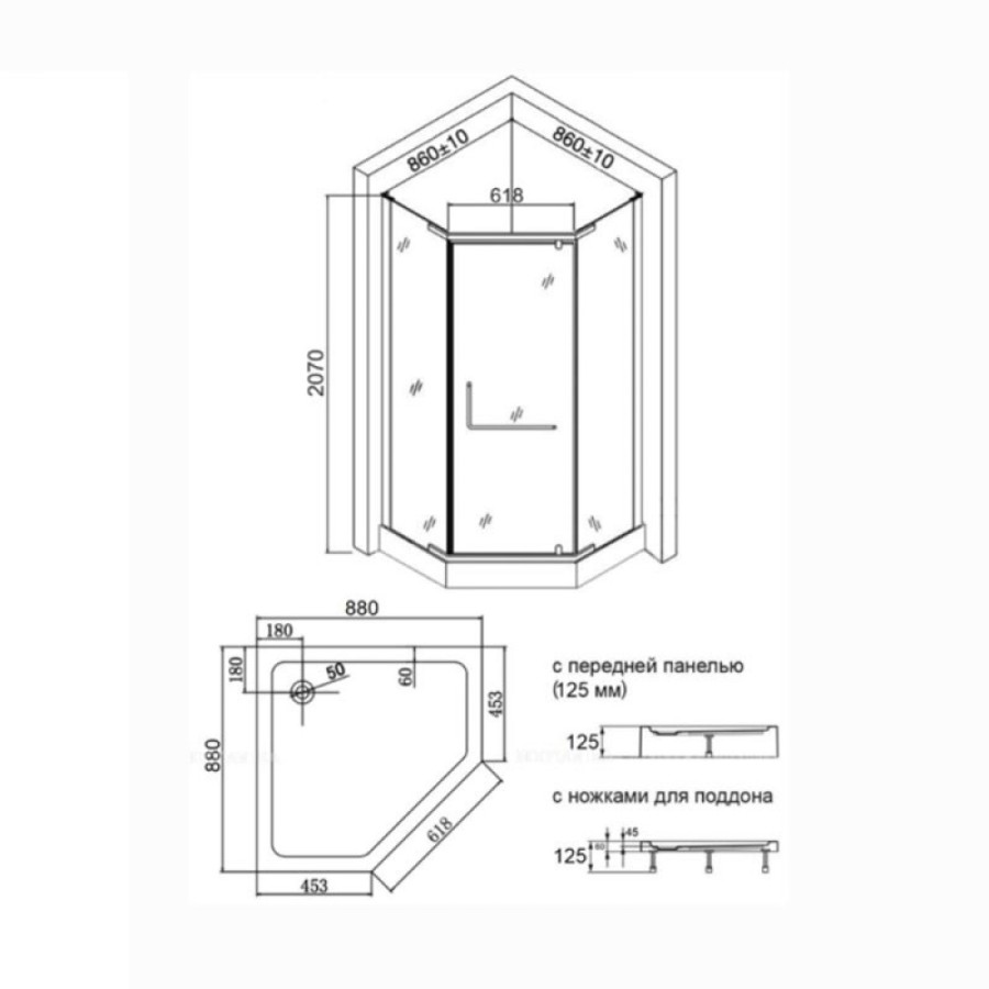 Душевой уголок Agger A03-090TCR, 88 х 88 х 207 см, с поддоном, стекла прозрачные, профиль хром, с полотенцедержателем