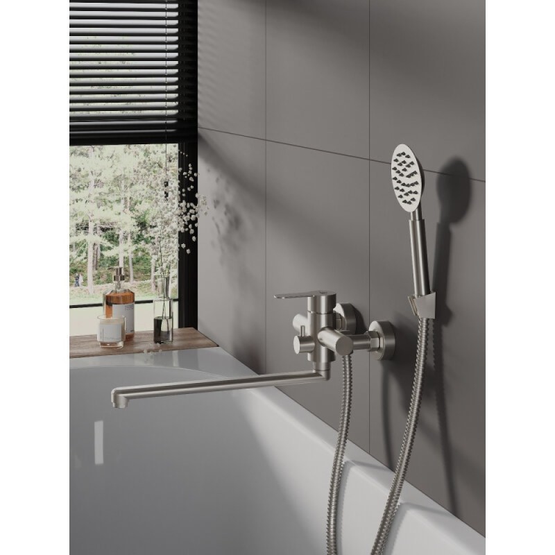 Смеситель Agger Zest A0721133, для ванны и душа, с душевым гарнитуром, PVD покрытие, цвет никель матовый