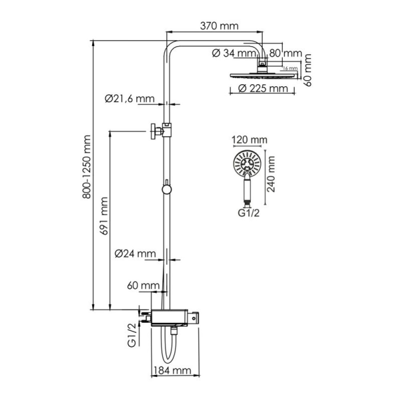 Душевая система WasserKRAFT, с изливом, цвет - хром, A113.067.058.CH Thermo