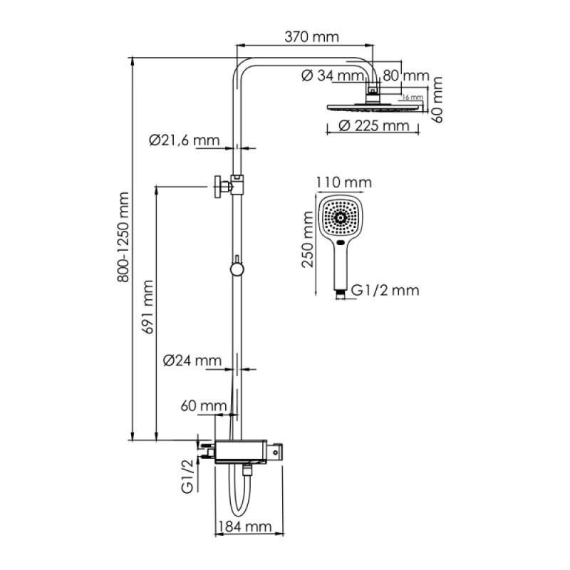 Душевая система WasserKRAFT, с изливом, цвет - хром, A113.067.065.CH Thermo