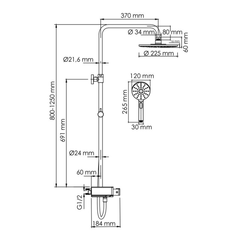 Душевая система WasserKRAFT, с изливом, цвет - хром, A113.067.127.CH Thermo