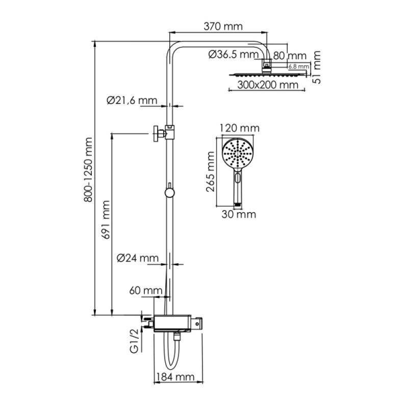 Душевая система WasserKRAFT, с изливом, цвет - хром, A113.069.127.CH Thermo