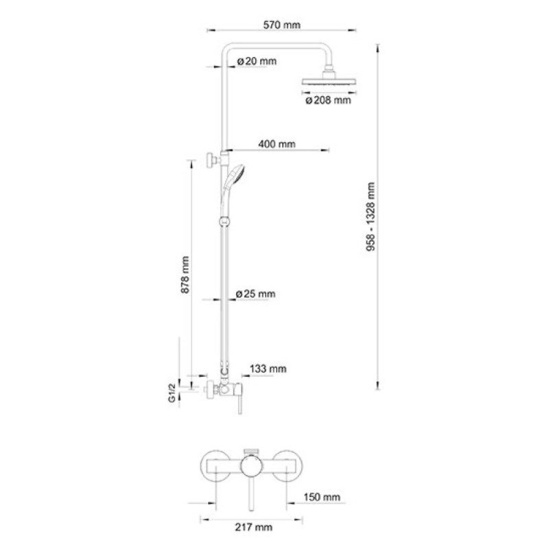 Душевая система WasserKRAFT A12202, верхний душ 20 см, хром