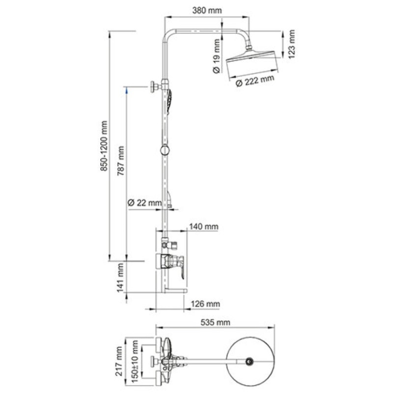 Душевая система WasserKRAFT A16601, верхний душ 22,2 см, с изливом, хром