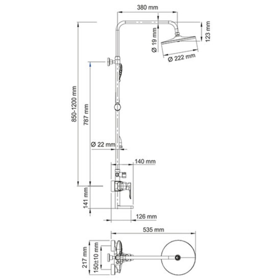 Душевая система WasserKRAFT A16601, верхний душ 22,2 см, с изливом, хром