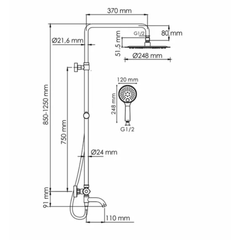 Душевая система WasserKRAFT A188.208.348.PG Thermo, термостатическая, PVD золото