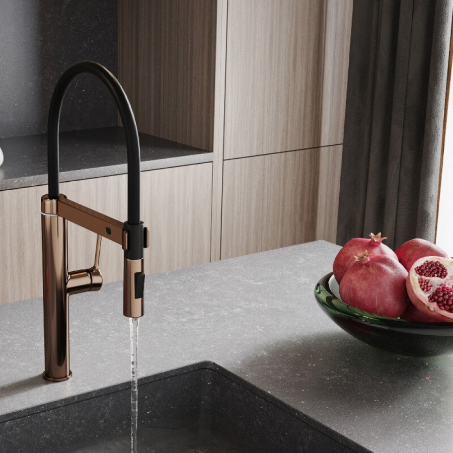 Смеситель для кухонной мойки WasserKRAFT, A8897, сенсорный, с гибким изливом, PVD-покрытие, золото розовое/черный