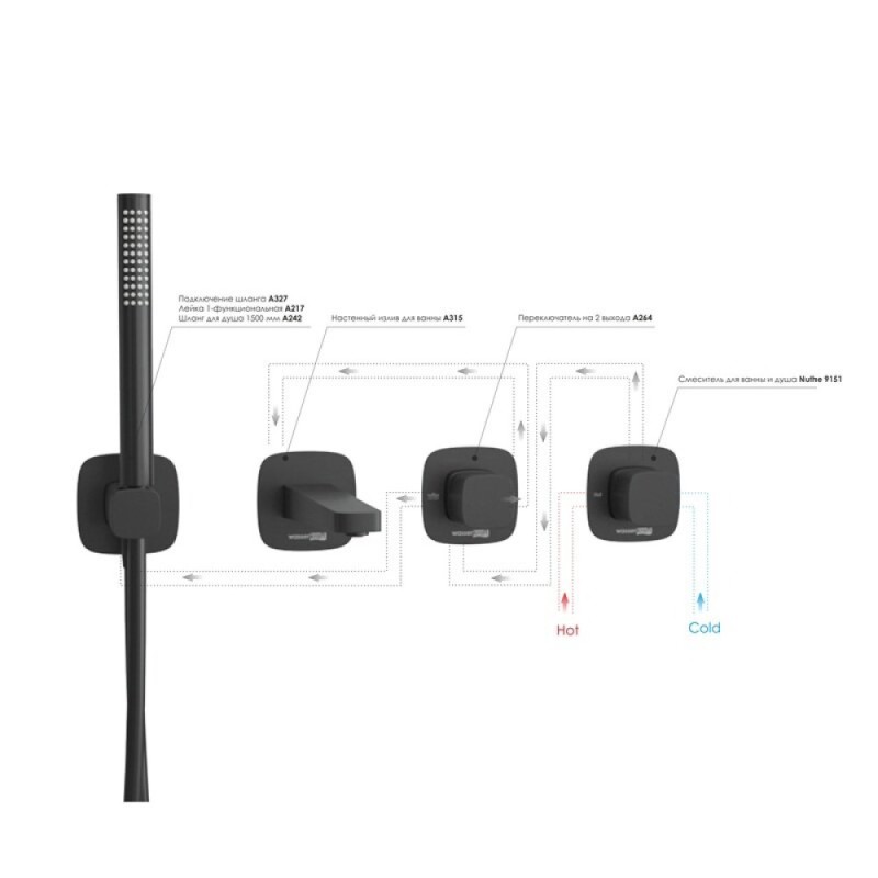 Смеситель WasserKRAFT Nuthe A9151.264.315.327.242.217, для ванны и душа, с душевым гарнитуром, черный матовый