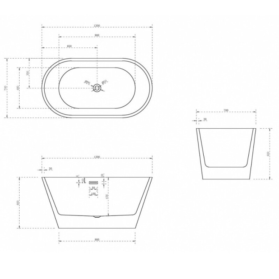 Ванна акриловая Abber 130 х 70 x 60 см отдельностоящая, белая, AB9203-1.3