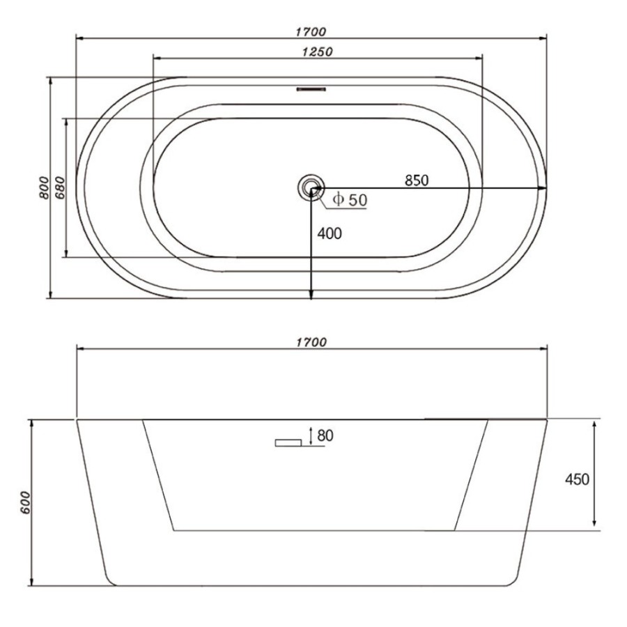 Ванна акриловая Abber AB9209, цвет - белый, 170 x 80 x 60 см