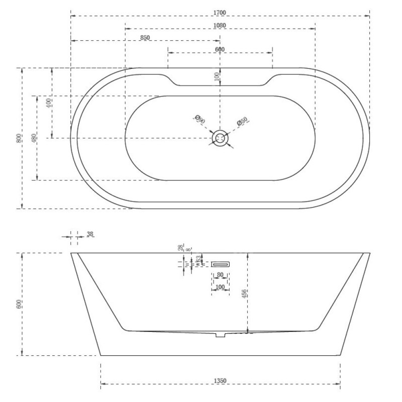 Акриловая ванна Abber AB9299-1.7 белая 170 х 80 x 60 см отдельностоящая