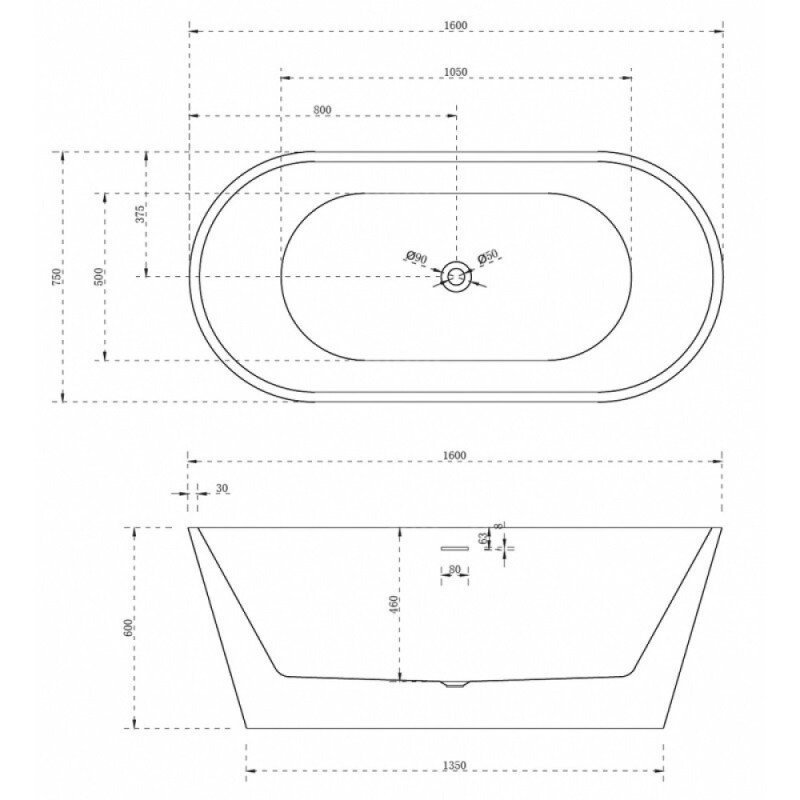 Ванна акриловая Abber 160 х 75 x 60 см, отдельностоящая, белая, AB9320-1.6
