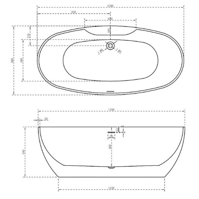 Ванна акриловая Abber 170 х 80 x 58 см, отдельностоящая, белая, AB9323