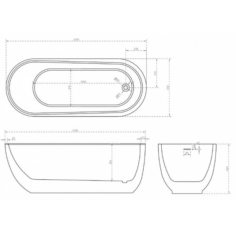 Ванна акриловая Abber 150 х 70 x 60 см, отдельностоящая, белая, AB9341-1.5