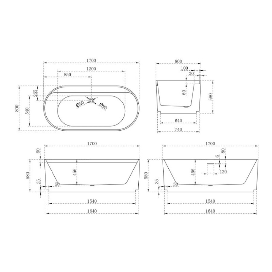 Ванна акриловая Abber AB9444MW, 170 х 80 см, цвет белый матовый