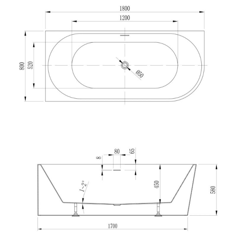 Ванна акриловая Abber AB9502-1.8 L, 180 x 80 см, белая, левая