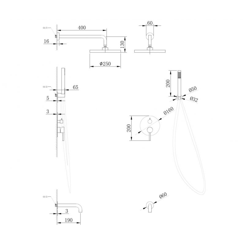 Душевая система ABBER Wasser Kreis AF8117B скрытого монтажа с изливом, черная матовая