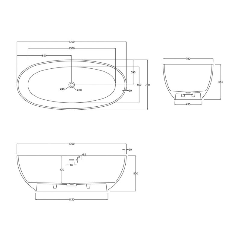 Ванна из искусственного камня ABBER Stein AS9641-1.7 белая матовая