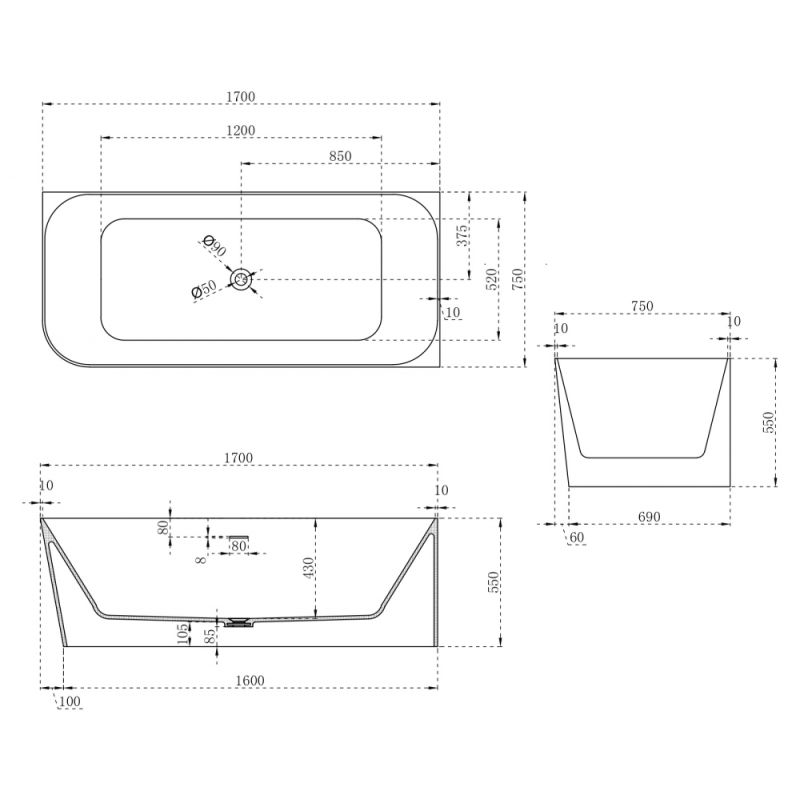 Ванна из искусственного камня ABBER Stein AS9621-1.7 R белая матовая