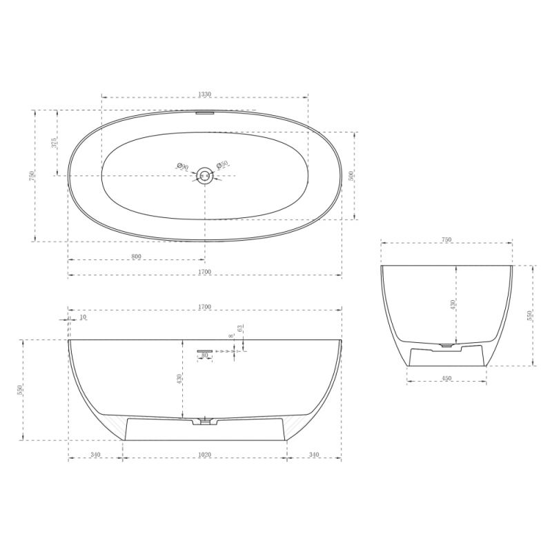 Ванна из искусственного камня ABBER Stein AS9624-1.7 белая матовая