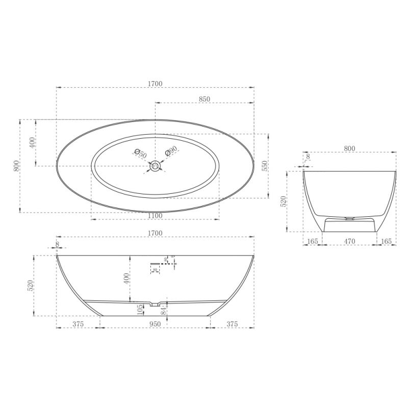 Ванна из искусственного камня ABBER Stein AS9625-1.7 белая матовая