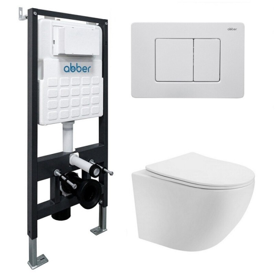 Инсталляция с унитазом Abber Bequem AC1100T-AC0105-AC0120MW, сиденье микролифт, смыв Торнадо, клавиша смыва белый матовый, белый, комплект