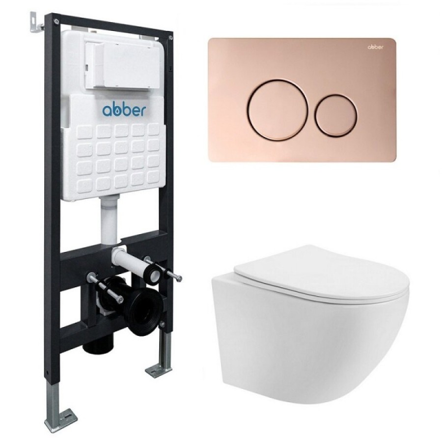 Инсталляция с унитазом Abber Bequem AC1100T-AC0105-AC0121RG, сиденье микролифт, смыв Торнадо, клавиша смыва золото розовое, белый, комплект