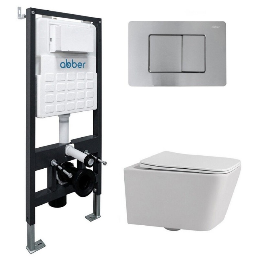 Инсталляция с унитазом Abber Rechteck AC1201-AC0105-AC0120MCH, сиденье микролифт, клавиша смыва хром матовый, белый, комплект
