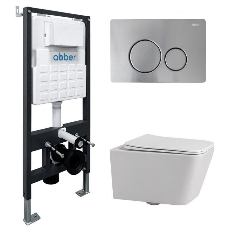 Инсталляция с унитазом Abber Rechteck AC1201-AC0105-AC0121MCH, сиденье микролифт, клавиша смыва хром матовый, белый, комплект