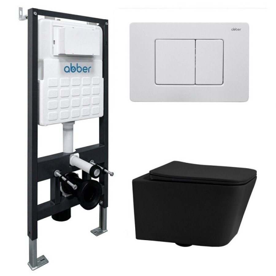 Инсталляция с унитазом Abber Rechteck AC1201MB-AC0105-AC0120MW, сиденье микролифт, клавиша смыва белый матовый, черный матовый, комплект