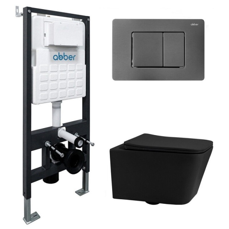 Инсталляция с унитазом Abber Rechteck AC1201MB-AC0105-AC0120NG, сиденье микролифт, клавиша смыва никель, черный матовый, комплект
