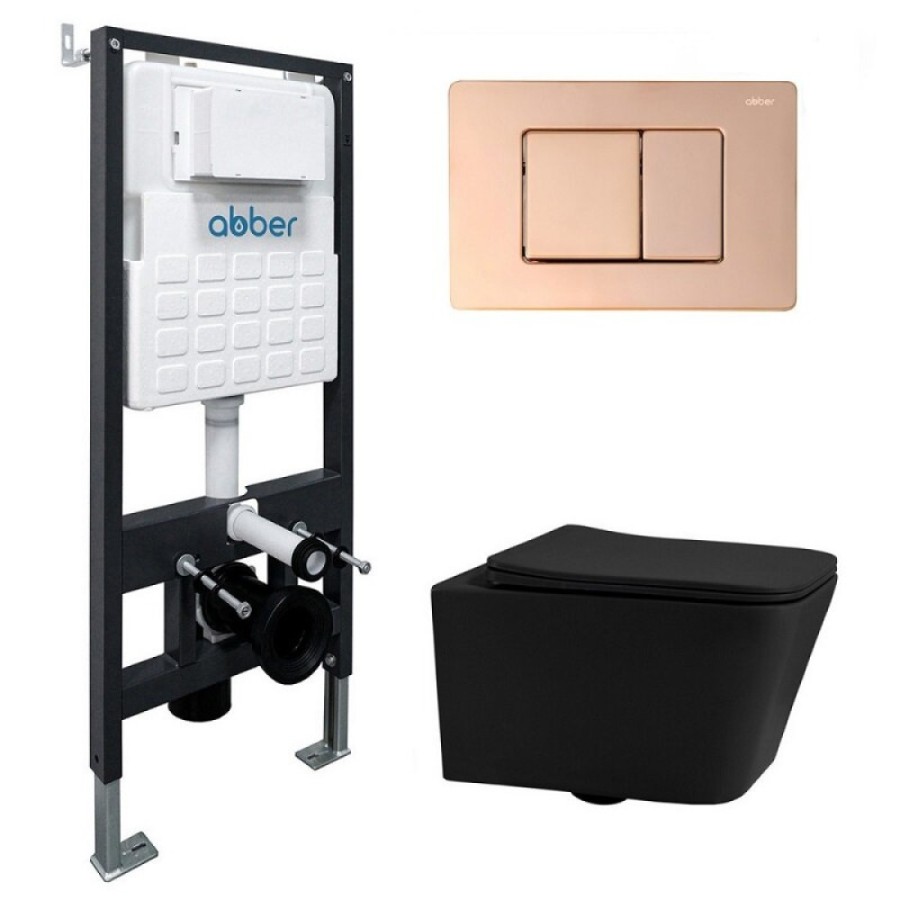 Инсталляция с унитазом Abber Rechteck AC1201MB-AC0105-AC0120RG, сиденье микролифт, клавиша смыва золото розовое, черный матовый, комплект
