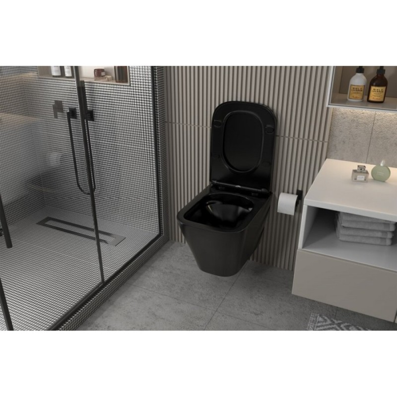 Инсталляция с унитазом Abber Rechteck AC1201MB-AC0105-AC0121, сиденье микролифт, клавиша смыва хром, черный матовый, комплект