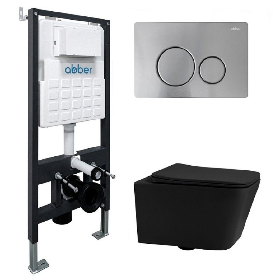 Инсталляция с унитазом Abber Rechteck AC1201MB-AC0105-AC0121MCH, сиденье микролифт, клавиша смыва хром матовый, черный матовый, комплект