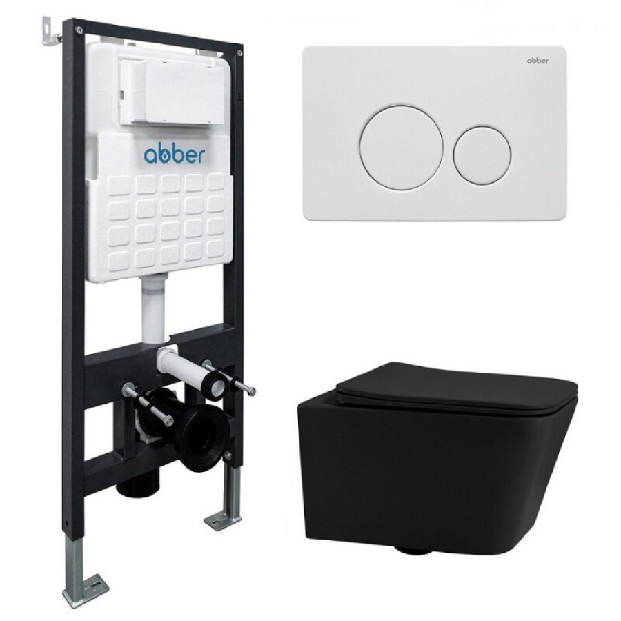 Инсталляция с унитазом Abber Rechteck AC1201MB-AC0105-AC0121MW, сиденье микролифт, клавиша смыва белый матовый, черный матовый, комплект