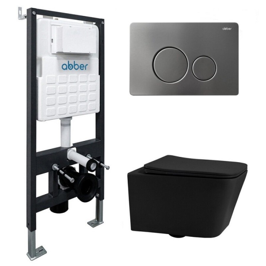 Инсталляция с унитазом Abber Rechteck AC1201MB-AC0105-AC0121NG, сиденье микролифт, клавиша смыва никель, черный матовый, комплект