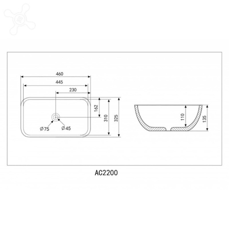 Раковина Abber Rechteck AC2200, накладная, 46 х 32.5 х 13.5 см, белая