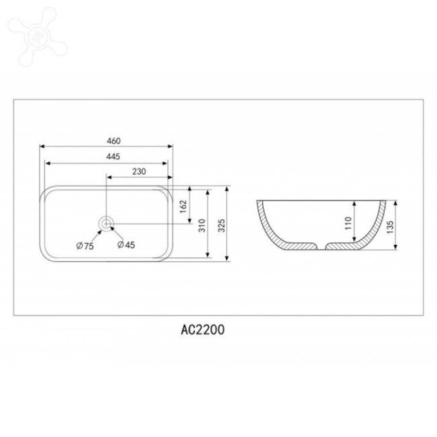 Раковина Abber Rechteck AC2200MB, накладная, 46 х 32.5 х 13.5 см, черная матовая