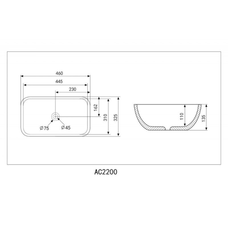 Раковина Abber Rechteck AC2200MBE, 46 см, фарфор, накладная, светло-бежевая матовая