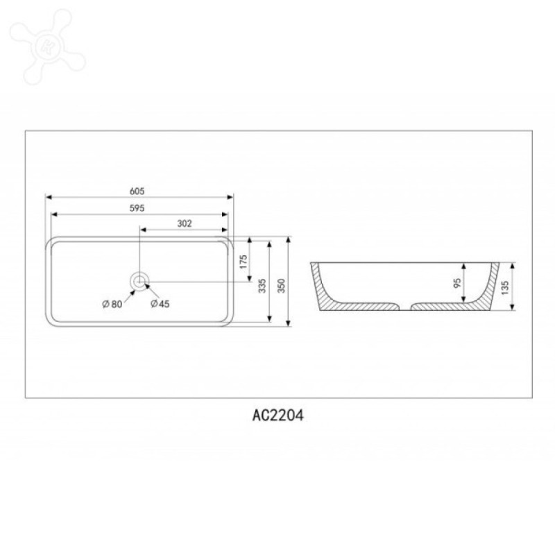 Раковина Abber Rechteck AC2204, накладная, 60.5 х 35 х 13.5 см, белая