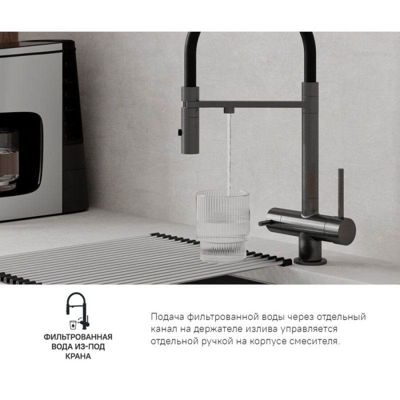 Смеситель Iddis Ace ACEGMFFi05 для кухонной мойки, излив гибкий, с подключением к фильтру, графит