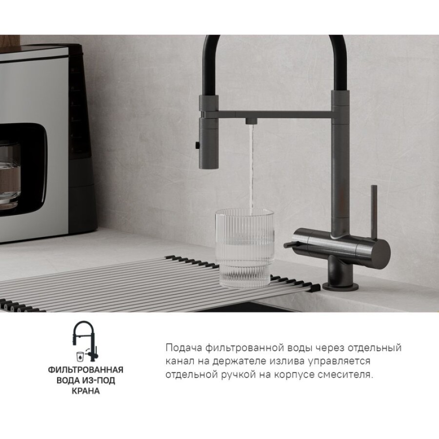 Смеситель Iddis Ace ACEGMFFi05 для кухонной мойки, излив гибкий, с подключением к фильтру, графит