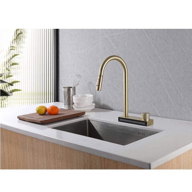 Смеситель Abber Wasser Kreis AF8114G, для кухонной мойки, с выдвижным изливом, цвет золото матовое